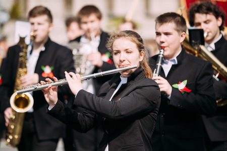 Gomel, Belarus - May 9, 2015: Orchestral musicians participating in the parade dedicated to the Victory Day - the 70th anniversary of the Victory in the Great Patriotic Warのeditorial素材