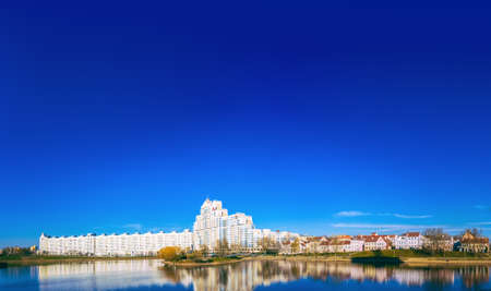Building In Minsk, Downtown Nemiga View With Svisloch River, Belarus, Toned Instant Photoの写真素材