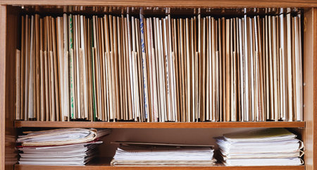 Vintage Keeping Retro Records On Wooden Shelves, Old Business Background