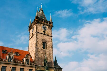 Tower of town hall with astronomical clock, or Prague orloj in Prague, Czech Republicの写真素材