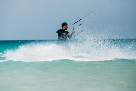 Tarifa, Spain - June 21, 2015: Kite surfing in Tarifa, Spain. Tarifa is most popular places in Spain for kitesurfingのeditorial素材