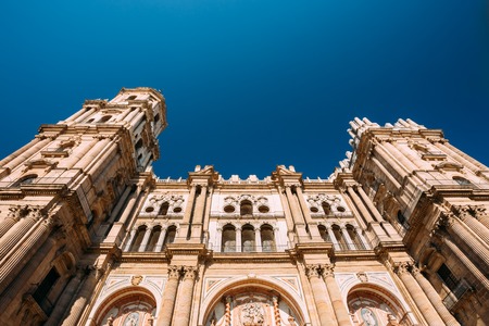 Facade of Bell tower of the Cathedral of the Incarnation in Malaga, Spainの写真素材