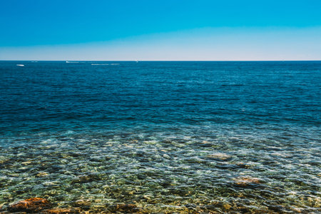Sea Ocean And Blue Sky Background With Cloudscape. Seascape Backgroundの写真素材