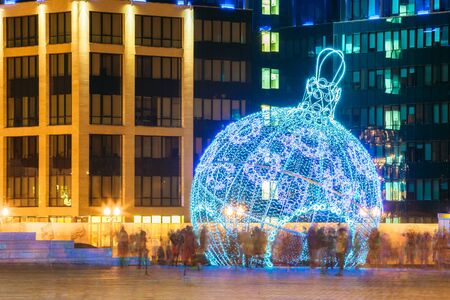 City Christmas illuminations and decorations in town square in Minsk, Belarusの写真素材