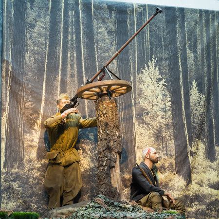 Minsk, Belarus - December 20, 2015: Soviet Belarusian partisans with cannon In The Belarusian Museum...