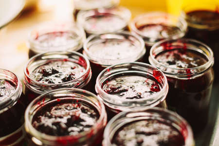 Close Up View Of Jars With Sweet Tasty Yummy Red Jamの写真素材