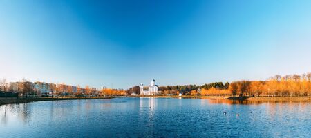 Panorama, Panoramic View of St. Alexander Nevsky Church in Gomel, Belarus. Orthodox Church. Spring Seasonの写真素材