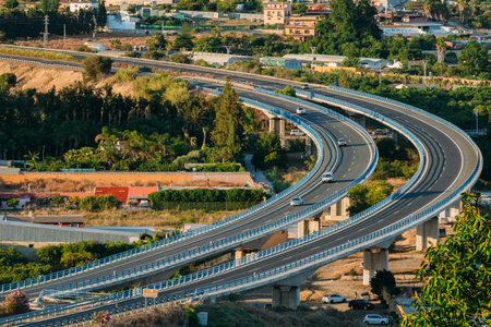 Motion Cars On Freeway Near Fuengirola In Spain, Europe. Sunset Sunrise Time