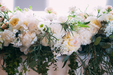Beautiful Flowers Of Roses And Peonies On Table. Decoration For Wedding Celebration.の写真素材