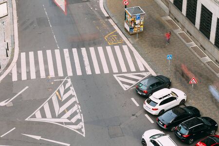 Prague, Czech Republic - October 13, 2014: Pedestrian crossing and parked cars on the Hybernska streetのeditorial素材