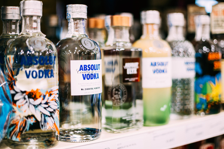 Nerja, Spain - June 20, 2015:  Vodka bottles at the wine storeのeditorial素材