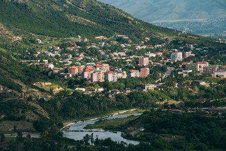 The Scenic View Of Mtskheta, Georgia. Uptown, The Residential Area On Green Hillside By The Mountain...