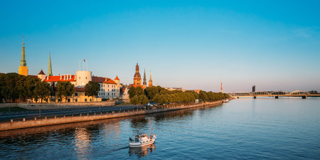 Scenic View To Promenad Of Daugava, In Riga, Latvia. Old Church Towers And Medieval Castle On...
