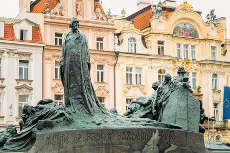 Statue of Jan Hus. Old Town Square, Prague, Czech Republicの写真素材