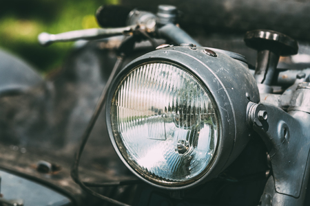 Close View Of Headlight Of The Old Rarity Gray Tricar Or Three-Wheeled Motorbike With A Sidecar.の写真素材