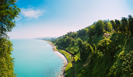 Beautiful Scenic Summer View From Botanical Garden Of Sea Bay And Railroad On Coast. The Lush Green Vegetation Of Summer. Sunny Day. Batumi, Adjara Georgia. Panoramaの写真素材