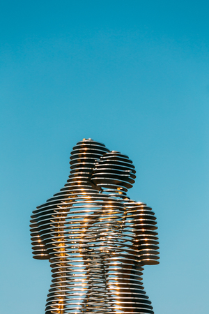 Batumi, Adjara, Georgia - May 25, 2016: A moving metal sculpture created by Georgian sculptor Tamara Kvesitadze in 2007, titled Man and Woman or Ali and Nino.のeditorial素材