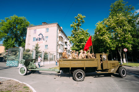 Gomel, Belarus  - May 9, 2016: Russian Soviet Military Truck ZIS-5V With Men In Soldiers Uniform On...