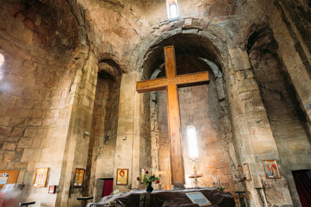 Big Wooden Cross In The Interior Of Jvari Church, Ancient Georgian Orthodox Monastery, Famous...