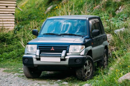 Darial Gorge, Georgia - May 21, 2016: Old Mitsubishi Montero Pajero SUV parking on road. Mitsubishi Pajero Sport is a mid-size SUV produced by the Japanese manufacturer Mitsubishi Motorsのeditorial素材