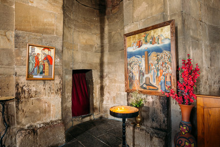 Mtskheta, Georgia - May 20, 2016: Two Icons On Gray Stone Walls In The Interior Of Jvari Church,...