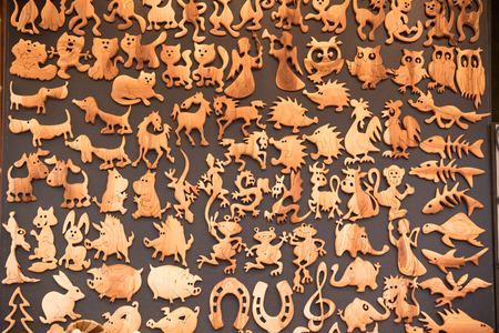 Carved From Wood Various Souvenirs On Theme Of Funny Animals.の写真素材