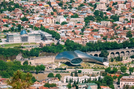 Tbilisi Georgia Aerial View Of Concert Music Hall, Rike Park, Presidential Palaceの写真素材
