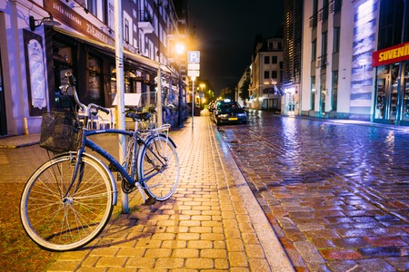 Bicycle Bike Parking On Street In Old Part European Town In Summerのeditorial素材