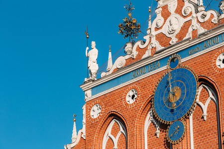 Sculptures On The Facade Of The House Of Blackheads In Riga, Latviaの写真素材