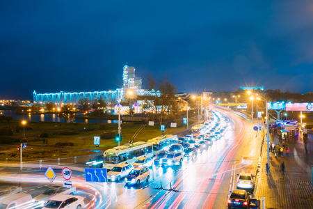 Minsk, Belarus - November 3, 2016: Night Traffic On Illuninatedのeditorial素材