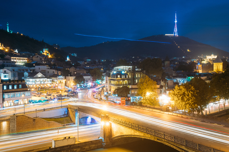 Tbilisi Georgia. Holy Mountain Mtatsminda Mount In Evening Nightの写真素材