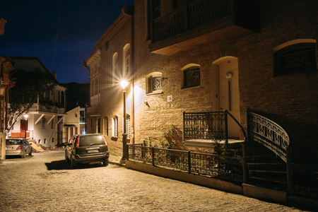 Tbilisi Georgia. Night View Of Paved Illuminated Street Going Downhillの写真素材