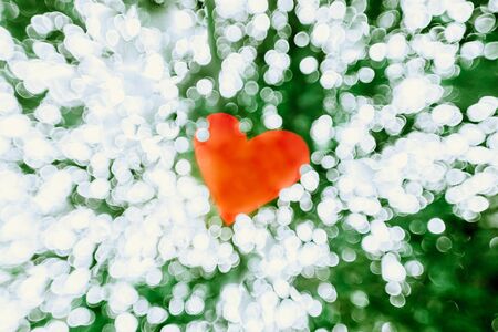 Red Heart On White And Green Colors Bokeh Abstract Light. Valentine's Day Backgroundの写真素材