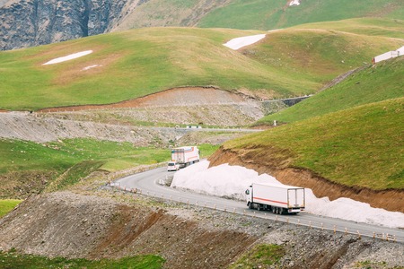 Cars Trucks In Motion On Georgian Military Road In Georgia. Theの写真素材