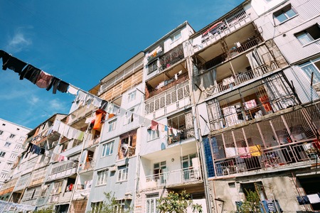 Batumi, Adjara, Georgia. Hung Laundry Drying On A Rope In Courtyの写真素材