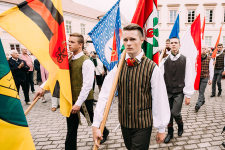 Vilnius, Lithuania. People dressed in traditional costumes takeのeditorial素材