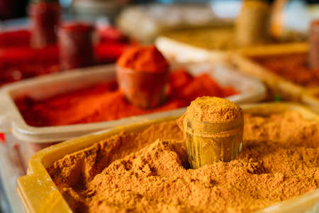 Diversity Of Colorful Powdered Fragrant Spices For Sale At Eastの写真素材