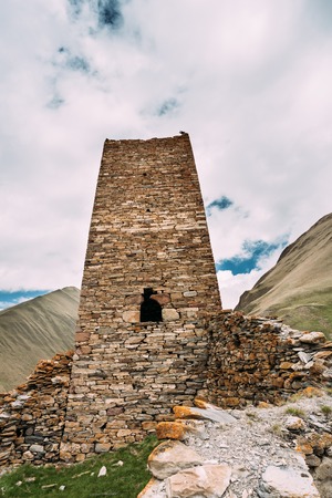 Watchtower Of Ancient Fortress On Mountain Background Near Karatkauの写真素材