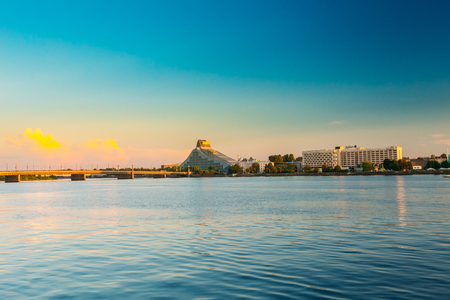 Riga Latvia.Daugava River, National Library Building And Hotelのeditorial素材