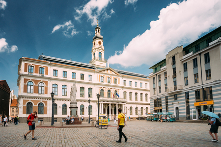 Riga, Latvia. People Walking Near Famous Landmark - Old Riga Cityのeditorial素材