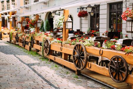 Exterior Of Cozy Outdoor Street Cafe In Retro Rural Rustic Styleの写真素材
