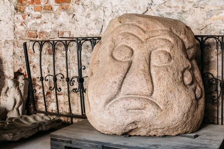 Riga, Latvia. Salaspils Stone Head Is Stone Statue Of Ancient Slavic Idol In Museumのeditorial素材