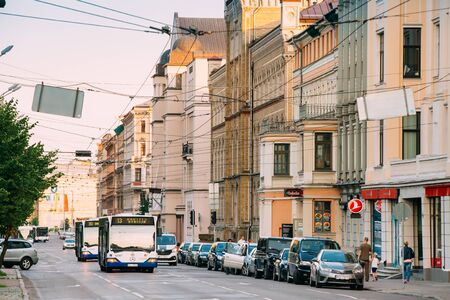 Riga, Latvia - July 2, 2016: Public bus on summer Boulevard Of Freedom street in Riga, Latviaのeditorial素材