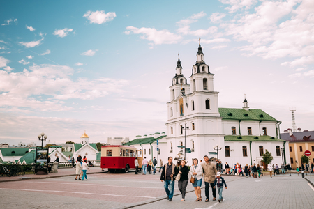 Minsk, Belarus. Family People Walking Near Cathedral Of The Holyのeditorial素材