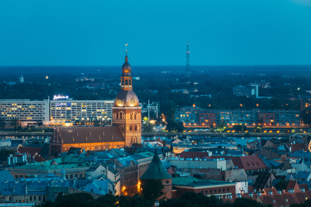Riga, Latvia. Aerial View Of Cityscape In Summer Evening Night Lのeditorial素材