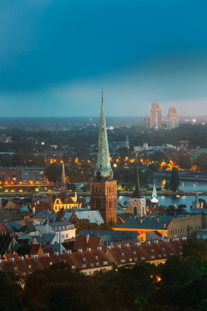 Riga, Latvia. Aerial View Of Cityscape In Summer Evening Or Nightの写真素材