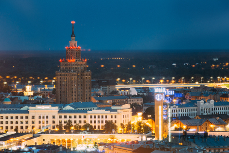 Riga, Latvia. Aerial View Of Cityscape In Summer Evening Or Nightのeditorial素材