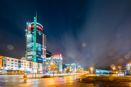 Panorama With Night Traffic On Illuminated Street And  Cathedralのeditorial素材