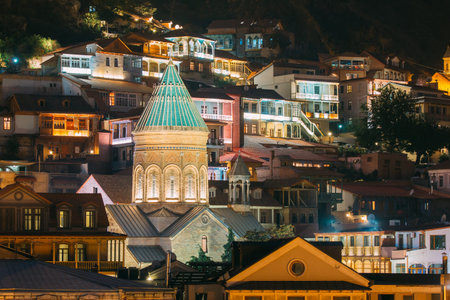 Tbilisi, Georgia. Saint George Armenian Cathedral Of Tbilisi. Church In Evening Or Night...