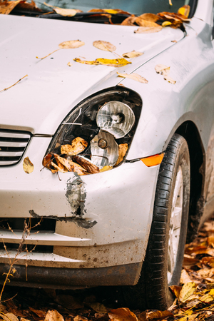 Broken Lamp Headlight And Bumper Car Scratched With Deep Damageの写真素材